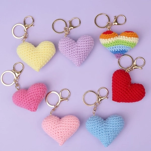 Handmade crochet heart keychain set in seven colors with gold lobster clasp hooks