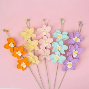 Handmade crochet orchid bouquet with five vibrant floral stems for home decoration
