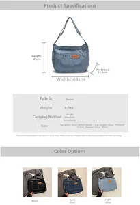 Detailed dimension chart and size specs for the large denim crossbody shoulder bag