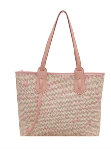 Rosa-beige gewebte Tote-Bag mit Blumenmuster und Kunstledergriffen für Damen