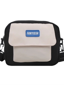 Minimalist black and white square crossbody bag with adjustable strap and logo detail