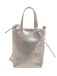 Metallic silver handbag with knotted straps and crinkled texture in rectangular design