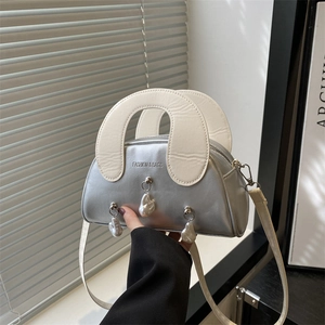 Silver Metallic PU Leather Shell Bag With Artificial Baroque Pearl Pendant Contrast Handle Crossbody Shoulder Handbag For Women Daily Fashion