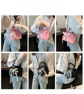 Collage of mini bowling bags in pink and black featuring lace bows and pearl chains