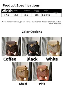 Vue détaillée du petit sac bandoulière montrant les dimensions et le fermoir cœur doré