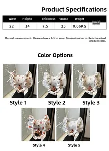 Size specifications for printed ruched underarm bag featuring heart and bear patterns