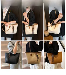 Collage of large PU leather tote bags in various colors showing office commuter style