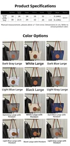 Detailed size chart and dimensions for large and small nylon tote bags in six colors
