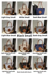 Grid view of nylon tote bags in six colors with leather handles and bear charms