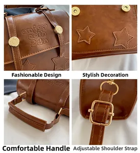 Detailsicht der braunen Retro-PU-Ledertasche mit Stern-Patches und Metallbeschlägen