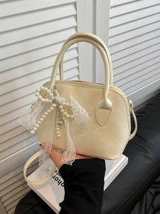 Fashion Women PU Leather Shell Bag With Lace Artificial Pearl Bow Hanging Ornament Sweet Elegant Handbag Crossbody Shoulder Bag