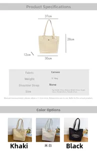 Detailed size chart for large canvas tote bag with dimensions and three color options
