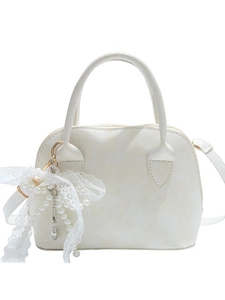 White faux leather shell bag with lace bow and pearl pendant for women