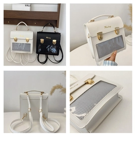 Collage of leather backpack with golden buckles and mesh window in four view angles