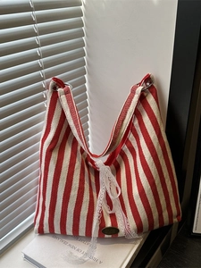 Striped Canvas Tote Bag Large Capacity With Lace Bow And Vintage Metal Tag Casual Shoulder Handbag For Women