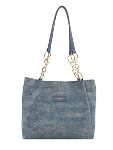 Blue denim tote bag with silver sequins, gold chain handles and brand logo patch