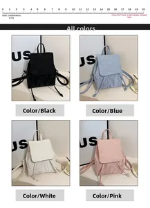 Detailed view of mini backpacks in four colors showing 20cm size and pleated texture
