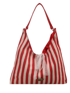 Red and white striped canvas tote bag with a white lace bow and handmade metal plate
