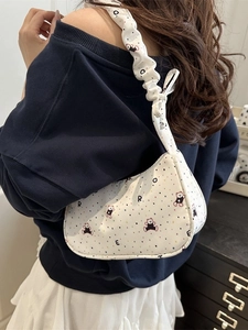 Fashionable canvas underarm bag with cute bear print and ruched shoulder strap for women
