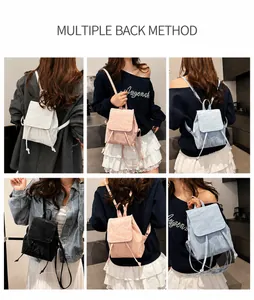 Mini PU leather backpack with pleated texture shown in four colors and various carrying styles