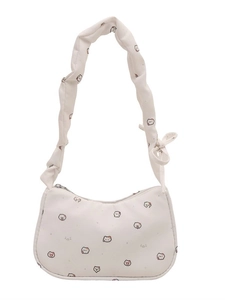 Cute white canvas half-moon underarm bag with cartoon cat pattern and ruched cloud strap