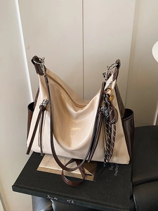 Large Capacity Women Tote Bag Patent Leather PU Contrast Color Shoulder Crossbody Bag With Tassel Tennis Racket Keychain