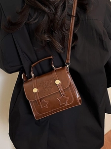 Dunkelbraune Retro-Umhängetasche mit Sterndetails und Griff für Damen