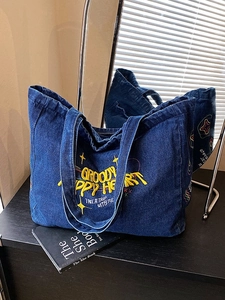 Damen Amerikanische Vintage Denim Tote Bag Große Kapazität Street Washed Schultertasche Gelbe Buchstaben Stickerei Shopping Handtasche