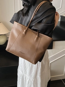Minimalist brown litchi pattern leather tote bag for women with long shoulder handles