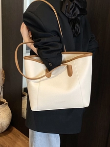 Minimalist large-capacity cream tote bag with brown leather straps for business commute