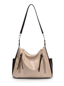 Large beige and brown contrast hobo shoulder bag in high-gloss patent leather finish