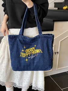 Retro Denim-Einkaufstasche mit Groovy Trippy Heart Stickerei für Damen im Alltag
