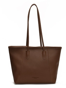 Minimalist brown lychee pattern leather tote bag with long shoulder straps for women
