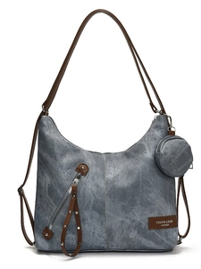 Graue Shopper-Tasche aus gewaschenem Canvas mit braunem Lederriemen und Kleingeldfach