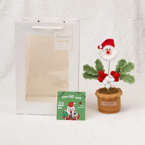 Handgemaakte gehaakte Kerstman potplant met een cadeautas en feestelijke wenskaart