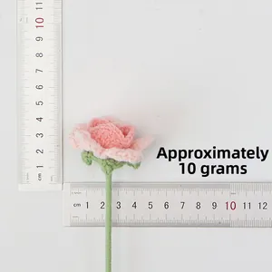 Handmade crochet pink rose detail with ruler showing 5cm flower head diameter