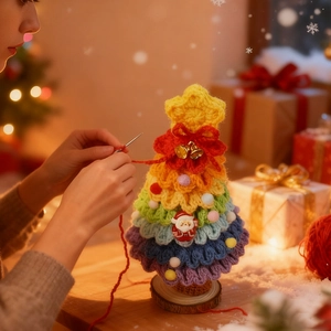 Rainbow crochet Christmas tree with wooden base and ornaments for festive home decor