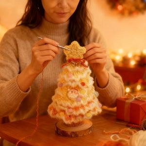 Albero di Natale lavorato a maglia a 7 strati con pompon in lana e base tonda in legno