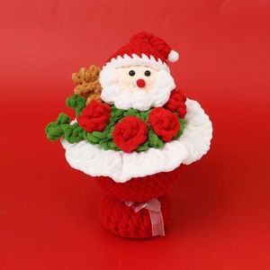 Handmade crochet Christmas bouquet with Santa, red roses and yarn leaf accents