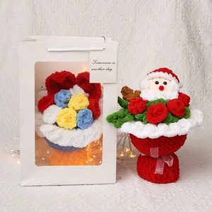 Handmade Crochet Flower Bouquet Santa Claus Red Roses Knitted Wool Flowers Christmas Gift Home Decor Festive Party Ornament