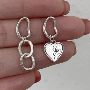 Asymmetric S925 silver heart drop earrings featuring I Love You engraved pendant
