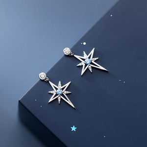 Elegant S925 silver star earrings with blue gemstone and diamonds on blue background