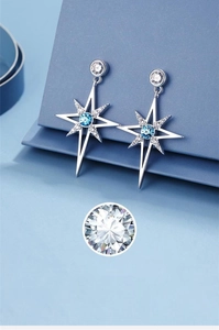 Detailed macro view of S925 silver star earrings with deep blue zircon and tiny diamonds