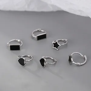 Three pairs of S925 silver heart star and rectangle hoop earrings with black enamel