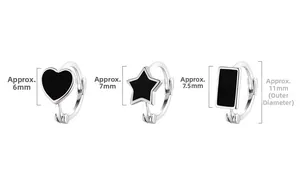 Detailed size chart for S925 silver heart, star, and rectangle hoop earrings