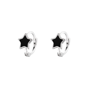 Elegant S925 silver hoop earrings featuring black enamel star charms on a white background
