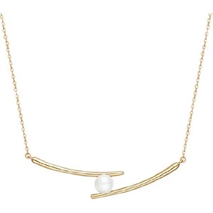 Minimalist gold necklace with asymmetrical curved pendant and a round white pearl