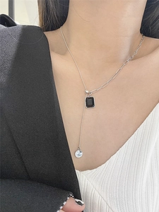 S925 silver square black zircon pendant necklace with tassel chain worn by model