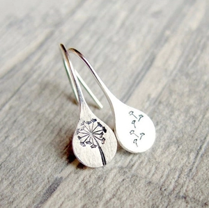 Minimalist S925 silver teardrop earrings with dandelion engraving and brushed texture