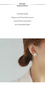Detailed view of camellia stud earring with gold frame and cubic zirconia on model